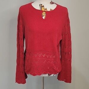 220 Hickory red Y2K chenille sweater wide sleeves, scalloped hem.  Size Large.